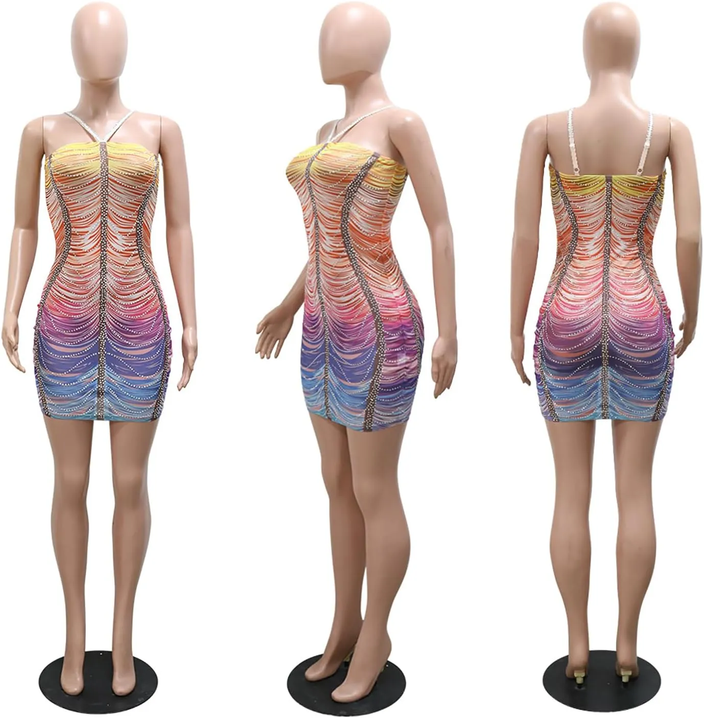 Women's Rhinestone Halter Backless Mini Dress Sexy Bodycon Mesh Colorful Dresses