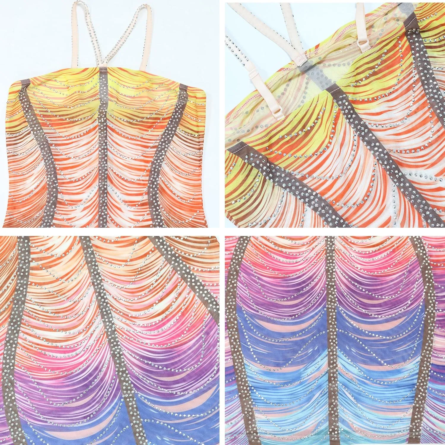 Women's Rhinestone Halter Backless Mini Dress Sexy Bodycon Mesh Colorful Dresses