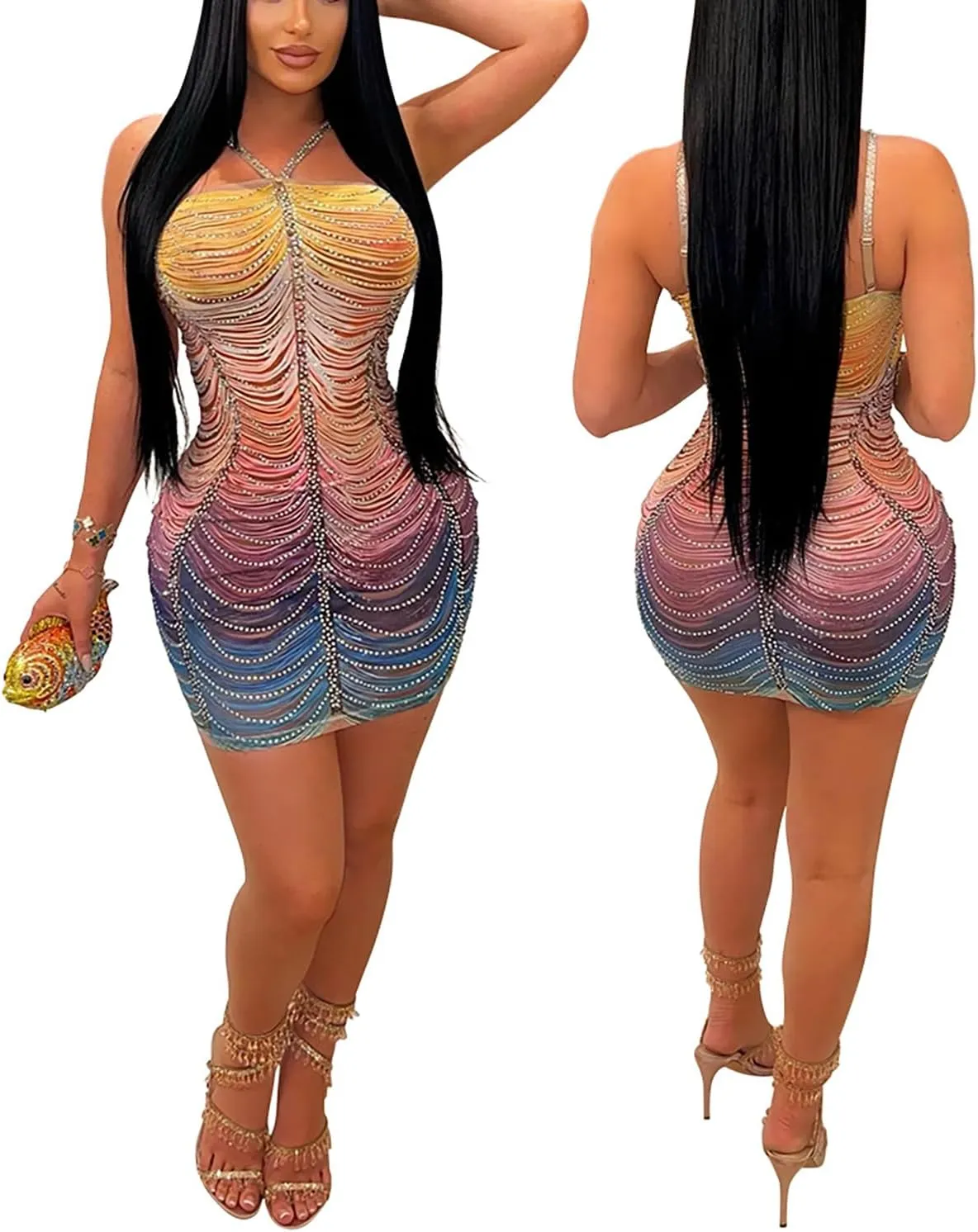 Women's Rhinestone Halter Backless Mini Dress Sexy Bodycon Mesh Colorful Dresses