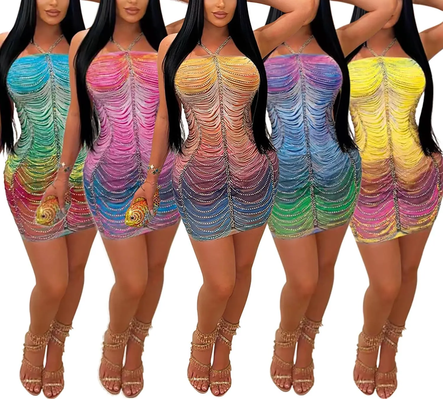 Women's Rhinestone Halter Backless Mini Dress Sexy Bodycon Mesh Colorful Dresses