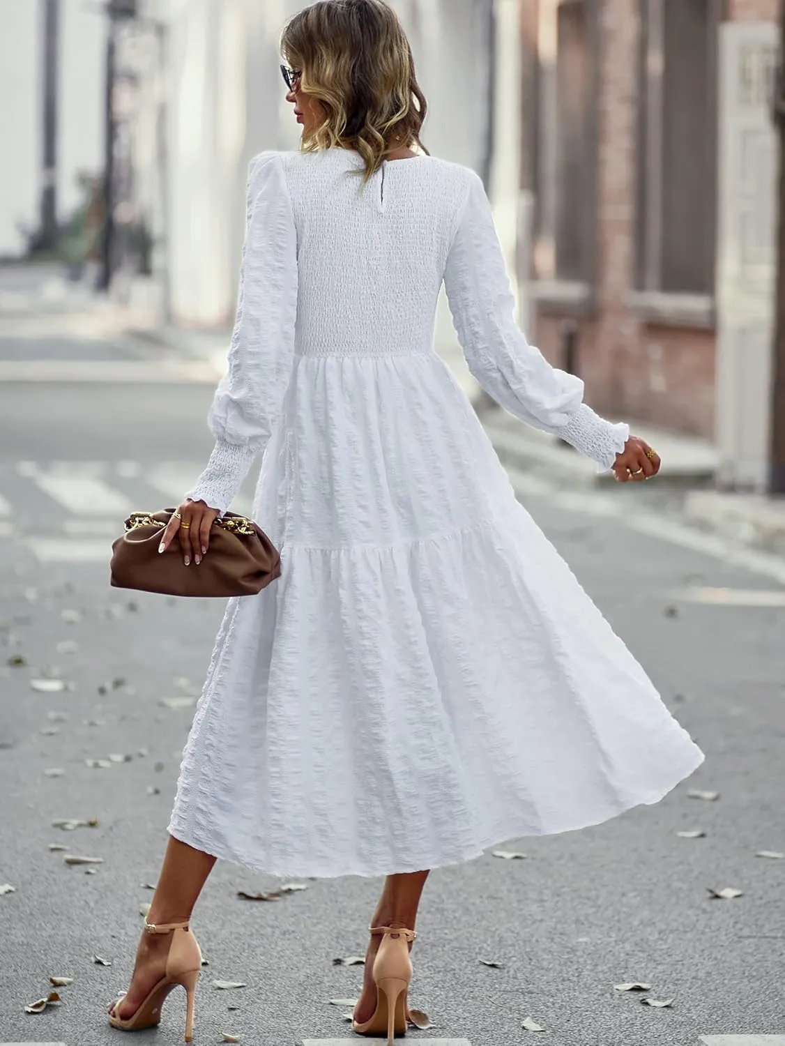 Women's Round Neck Long Sleeve Dress Solid Color Slit Ruffles Club Party Evening Dress