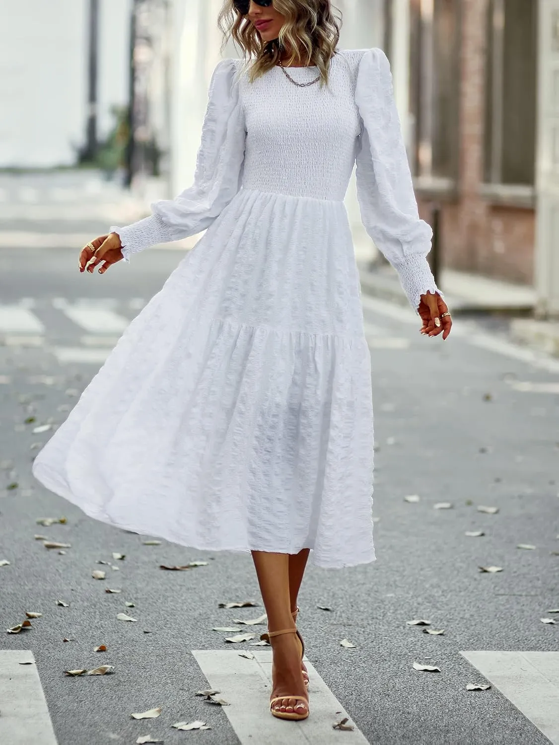 Women's Round Neck Long Sleeve Dress Solid Color Slit Ruffles Club Party Evening Dress