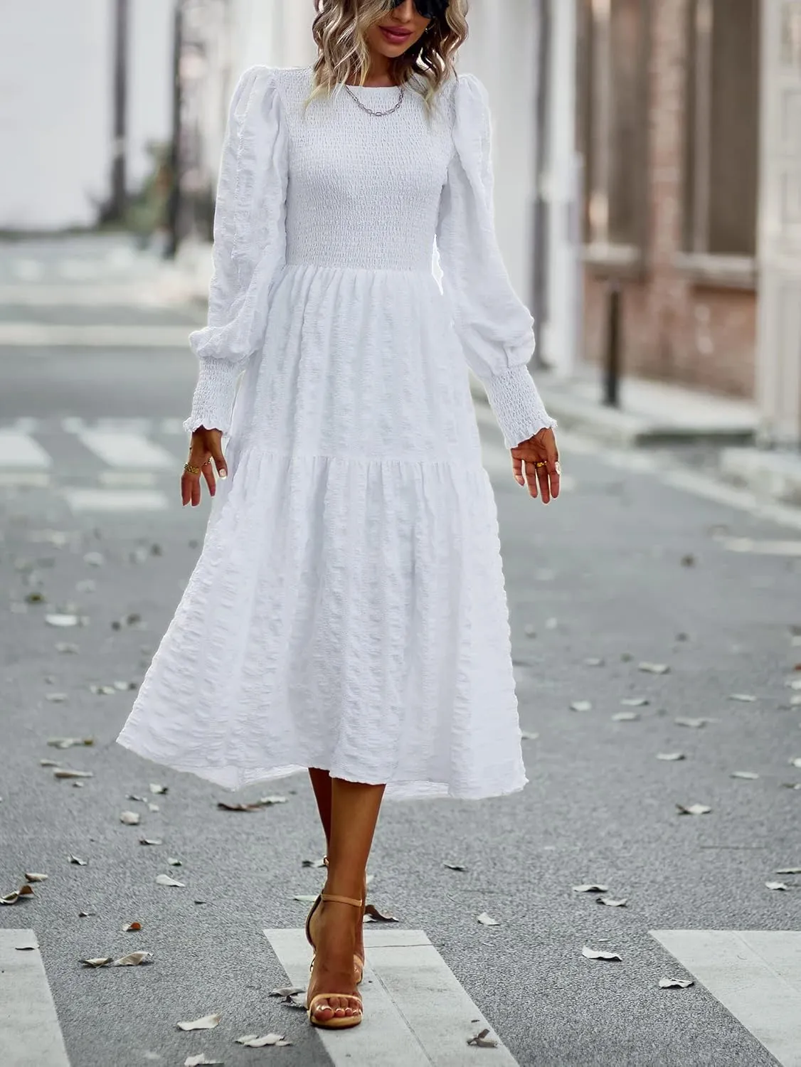 Women's Round Neck Long Sleeve Dress Solid Color Slit Ruffles Club Party Evening Dress