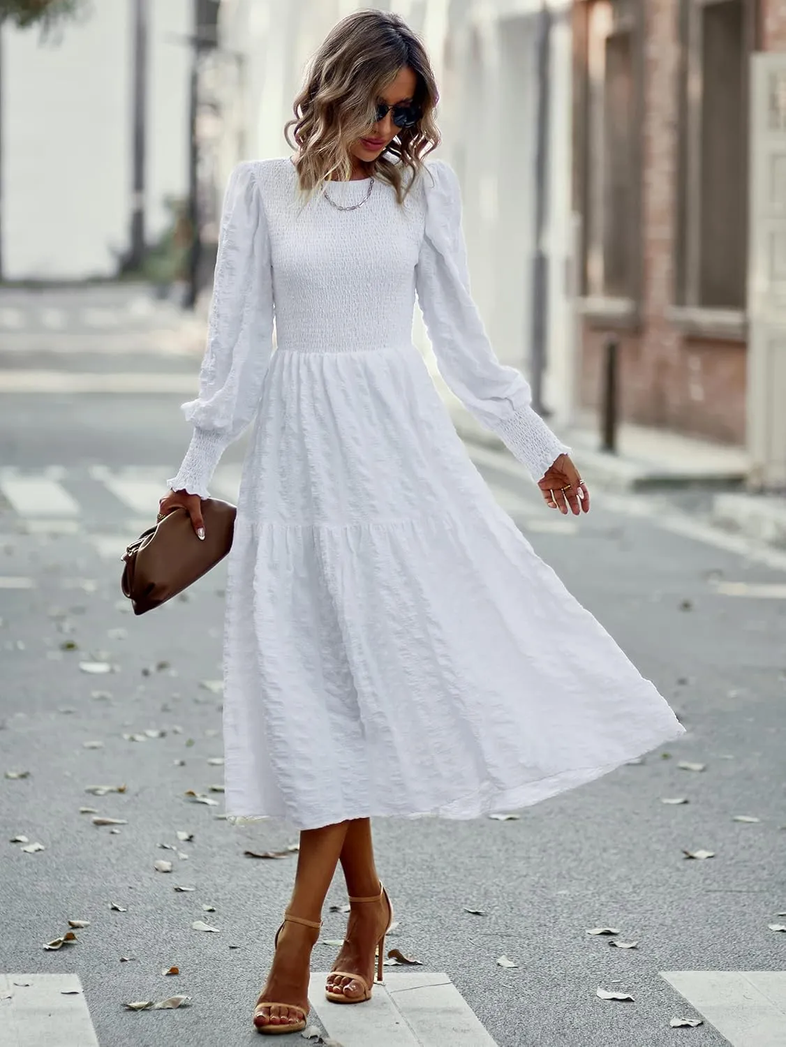 Women's Round Neck Long Sleeve Dress Solid Color Slit Ruffles Club Party Evening Dress