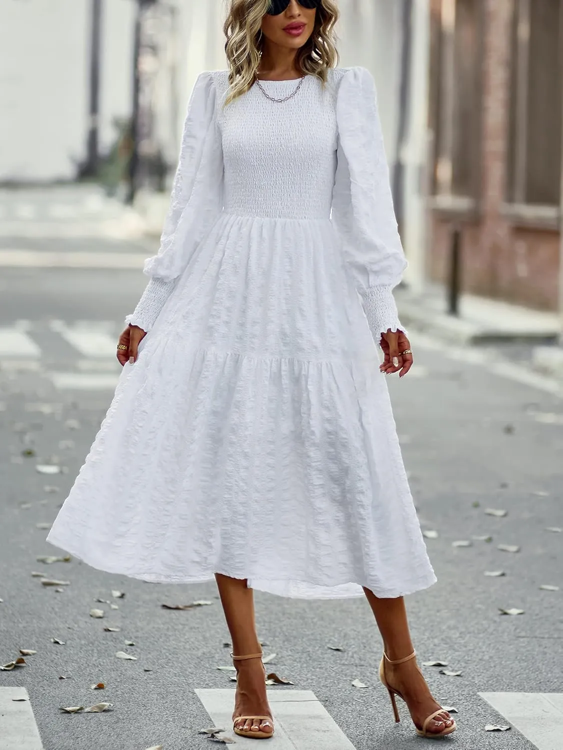 Women's Round Neck Long Sleeve Dress Solid Color Slit Ruffles Club Party Evening Dress