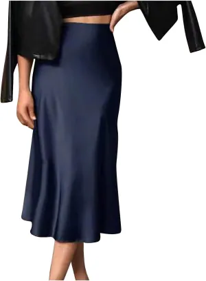 Womens Satin Skirts Business Casual Silk Midi Skirt High Waisted Long Skirts Solid Color Elegant Pencil Work Skirts