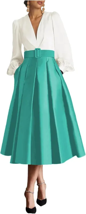 Women's Satin Tea Length Prom Dress with Pocktes Long Sleeves Evening Gown Elegant A Line Wedding Guest Dresses