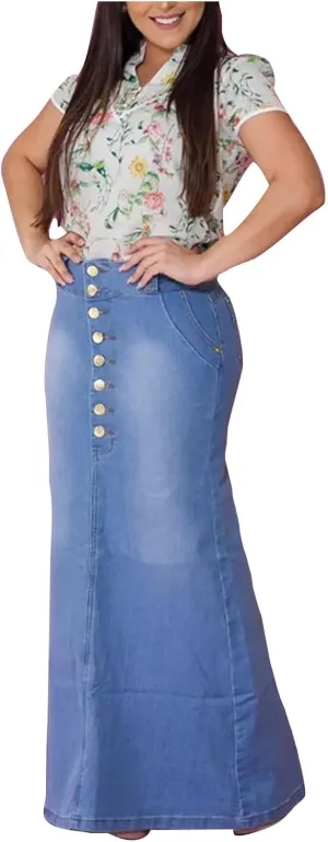 Womens Sexy Bodycon Denim Skirt Button High Waist Dressy Pencil Skirts Vintage Ankle Length Stretch Jean Skirt