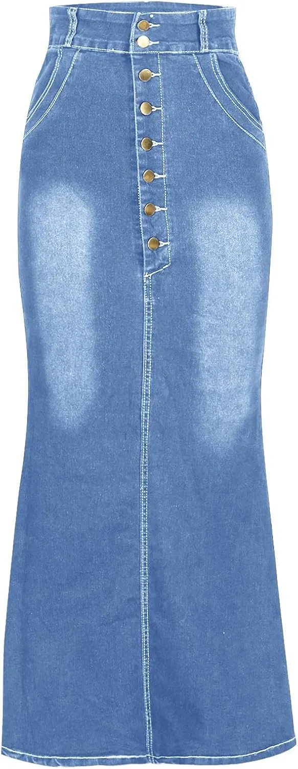 Womens Sexy Bodycon Denim Skirt Button High Waist Dressy Pencil Skirts Vintage Ankle Length Stretch Jean Skirt