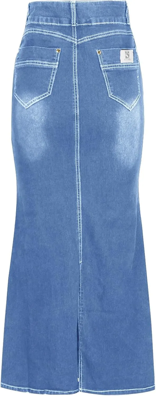 Womens Sexy Bodycon Denim Skirt Button High Waist Dressy Pencil Skirts Vintage Ankle Length Stretch Jean Skirt