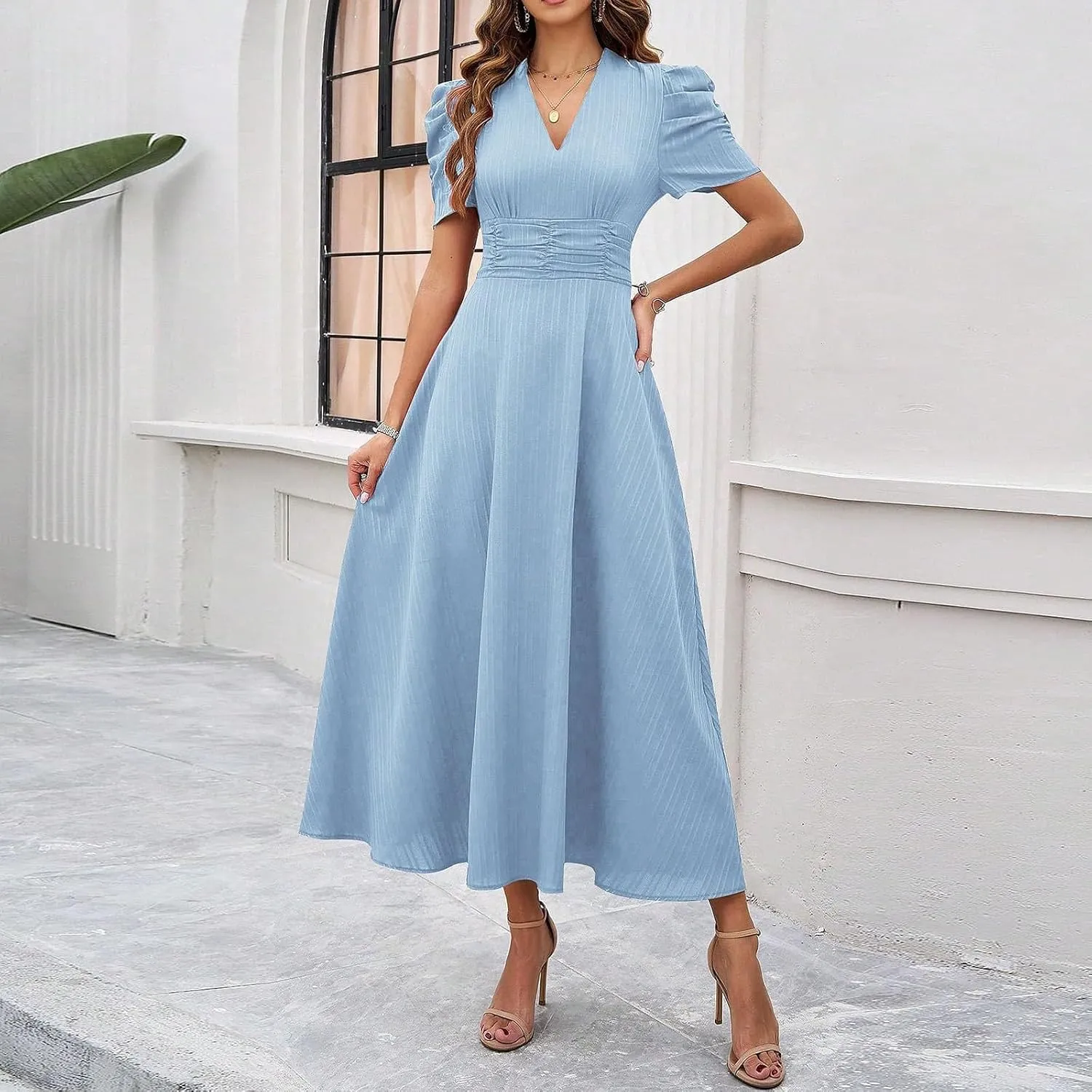 Women's Short Sleeve V Neck Dress Casual A Line Summer Dresses for Women 2025 Midi Dresses Cocktail Dress