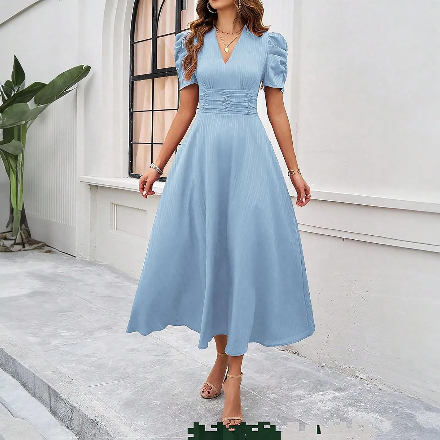 Women's Short Sleeve V Neck Dress Casual A Line Summer Dresses for Women 2025 Midi Dresses Cocktail Dress
