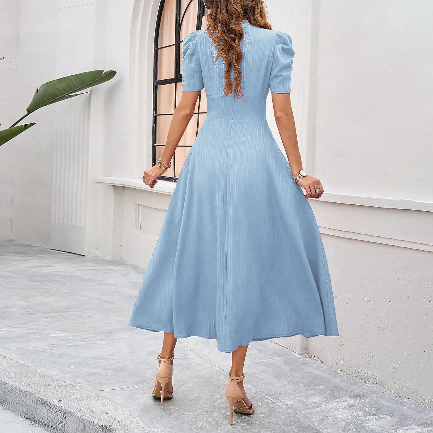 Women's Short Sleeve V Neck Dress Casual A Line Summer Dresses for Women 2025 Midi Dresses Cocktail Dress