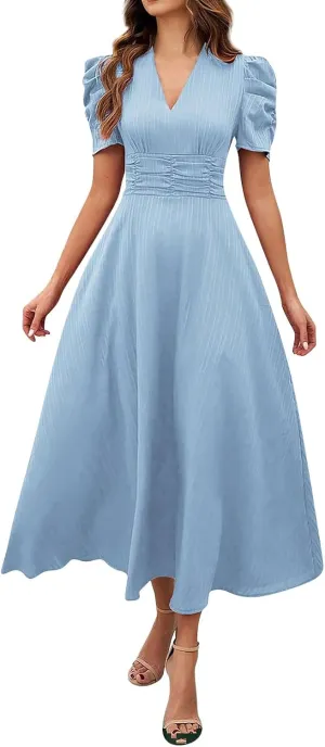 Women's Short Sleeve V Neck Dress Casual A Line Summer Dresses for Women 2025 Midi Dresses Cocktail Dress