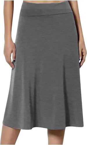 Women's Solid Color A-Line Skirts Elastic High Waist Flare Work Midi Skirts Knee Length Stretchy Skirts Dress