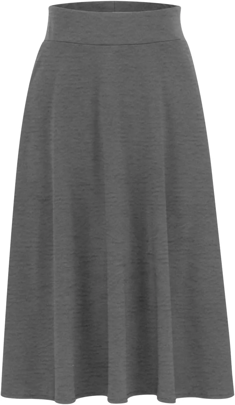 Women's Solid Color A-Line Skirts Elastic High Waist Flare Work Midi Skirts Knee Length Stretchy Skirts Dress