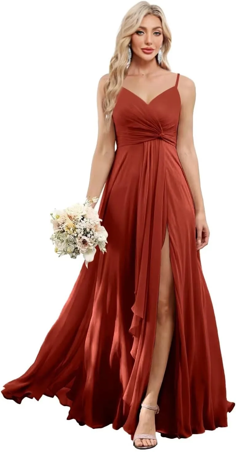 Women's Spaghetti Straps Bridesmaid Dresses with Slit Long V-Neck Chiffon Formal Party Dresses with Pockets