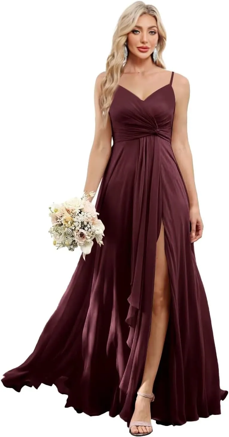 Women's Spaghetti Straps Bridesmaid Dresses with Slit Long V-Neck Chiffon Formal Party Dresses with Pockets