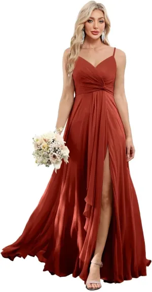 Women's Spaghetti Straps Bridesmaid Dresses with Slit Long V-Neck Chiffon Formal Party Dresses with Pockets