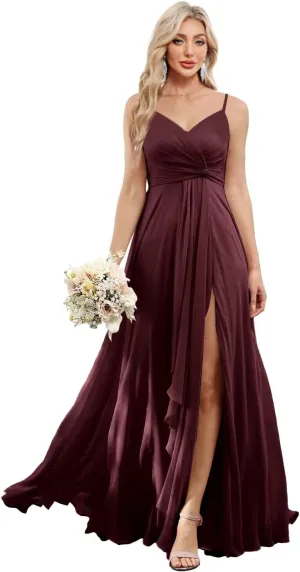 Women's Spaghetti Straps Bridesmaid Dresses with Slit Long V-Neck Chiffon Formal Party Dresses with Pockets