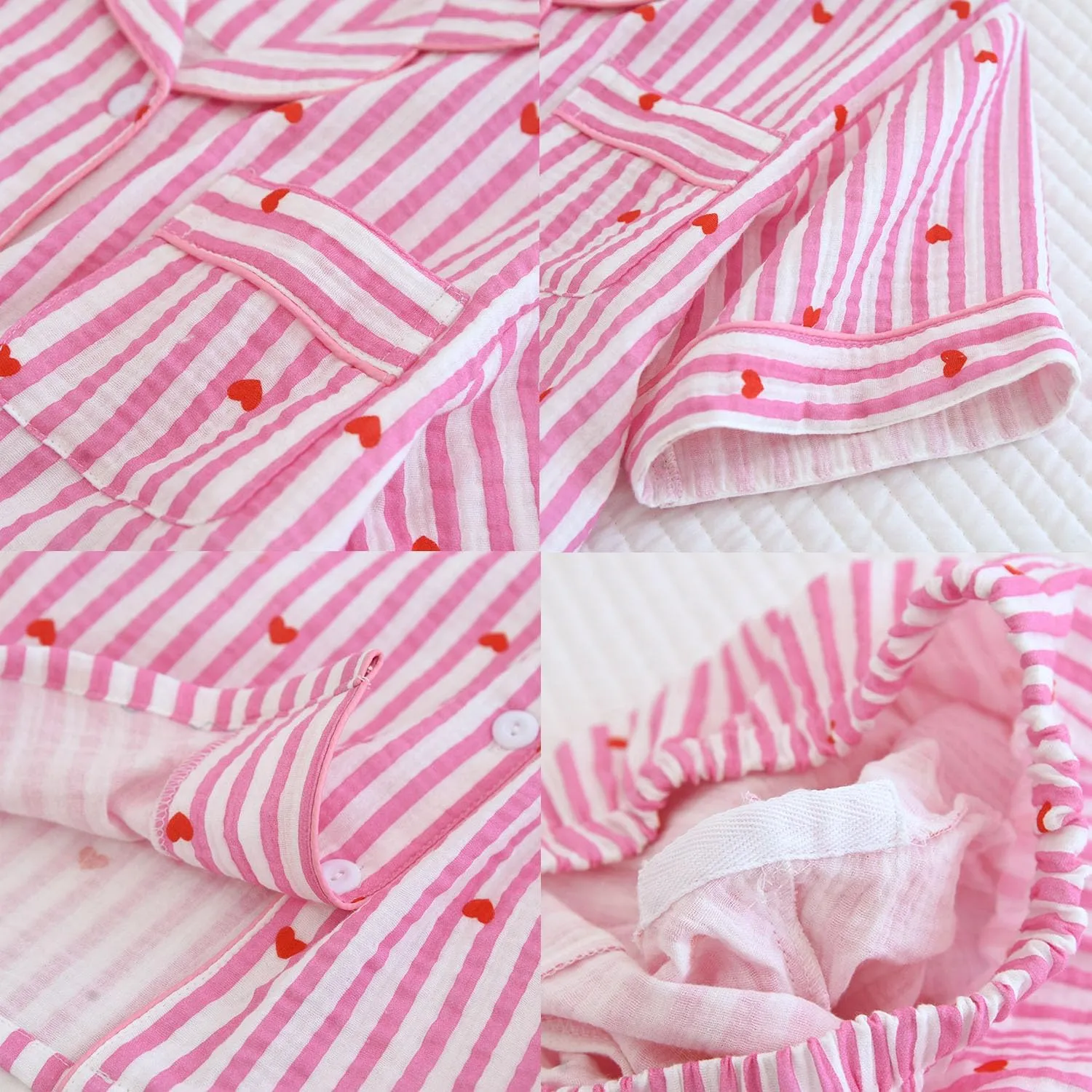 Womens Striped Pajamas Set Heart Print Short Sleeve Button Down Shirt and Long Pants Cute Pj Sets