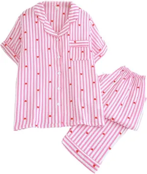 Womens Striped Pajamas Set Heart Print Short Sleeve Button Down Shirt and Long Pants Cute Pj Sets