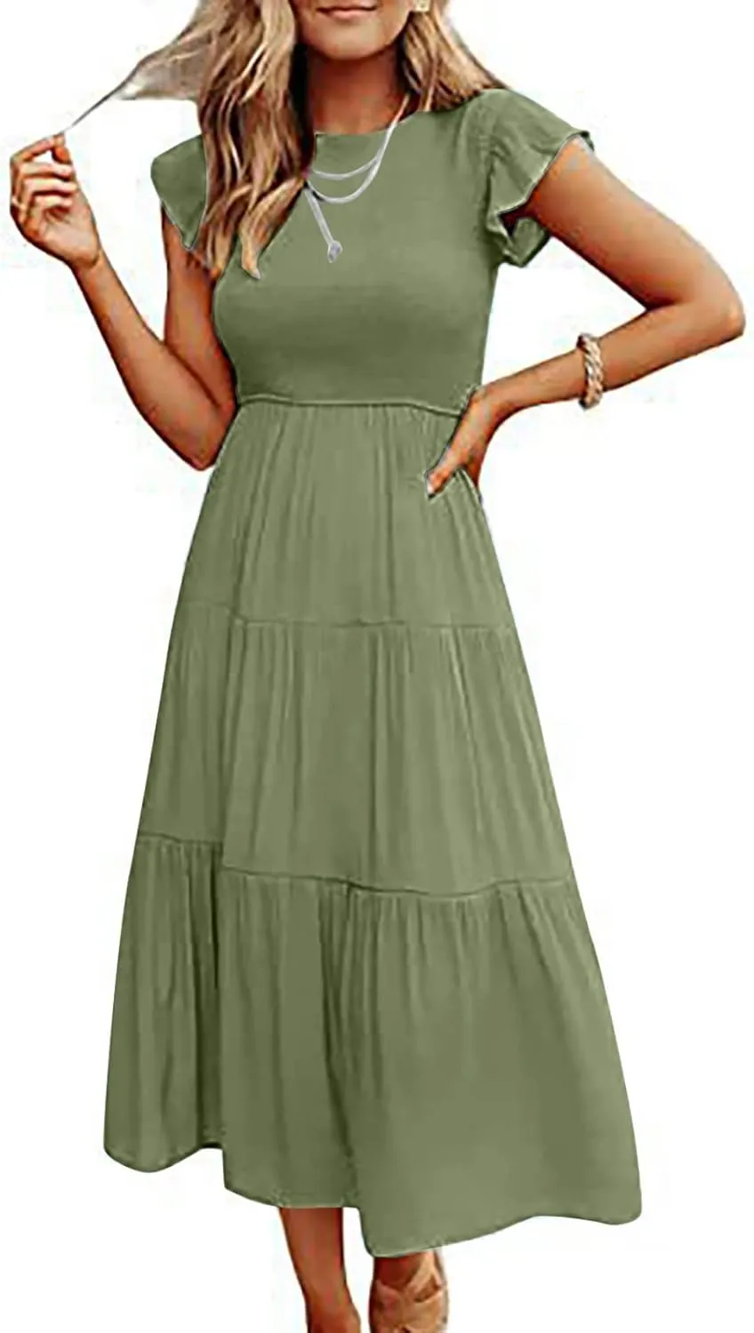 Womens Summer Flutter Short Sleeve Smocked Midi Dress Crewneck Aline Swing Flowy Tiered Maxi Dress Casual Elegant Dress