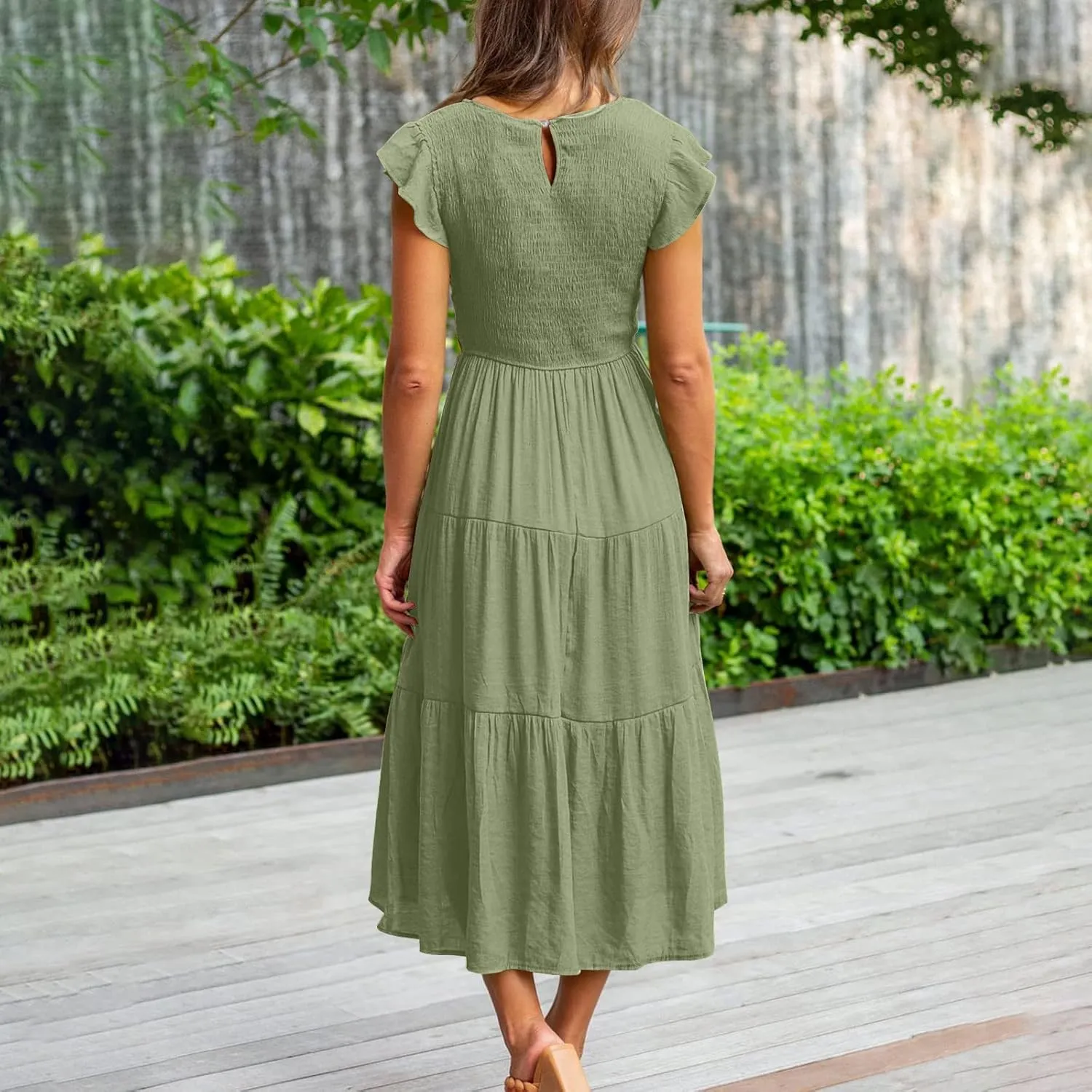 Womens Summer Flutter Short Sleeve Smocked Midi Dress Crewneck Aline Swing Flowy Tiered Maxi Dress Casual Elegant Dress