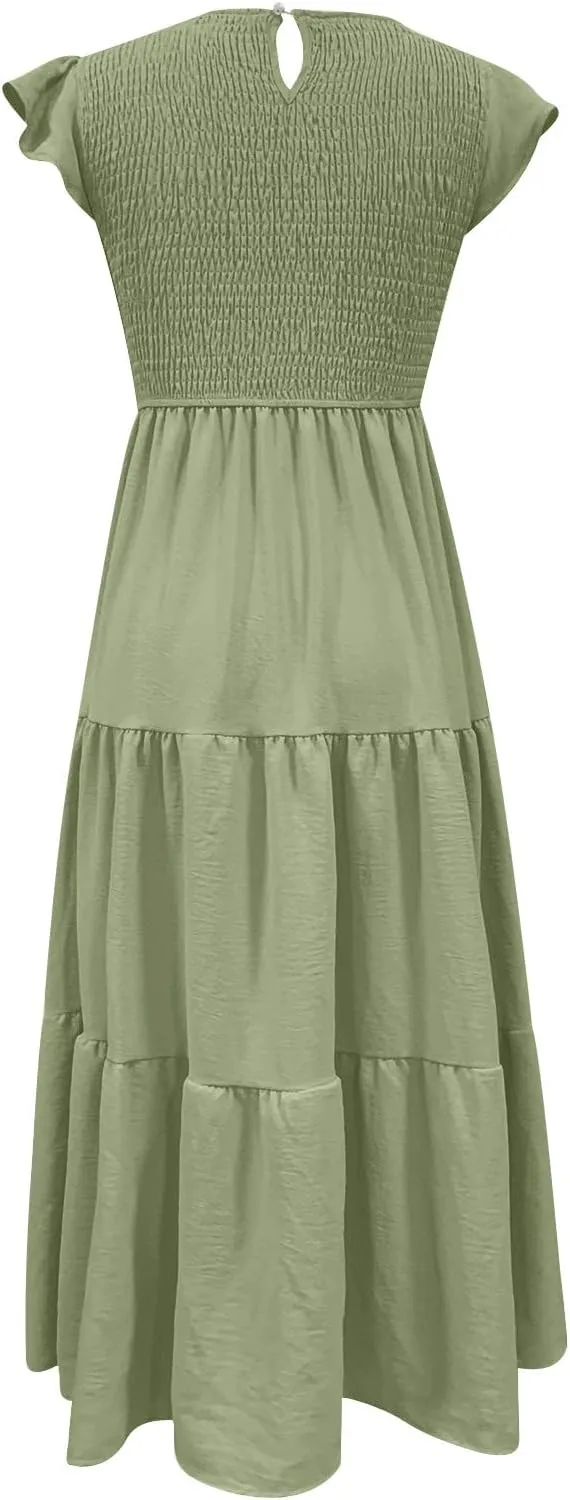 Womens Summer Flutter Short Sleeve Smocked Midi Dress Crewneck Aline Swing Flowy Tiered Maxi Dress Casual Elegant Dress