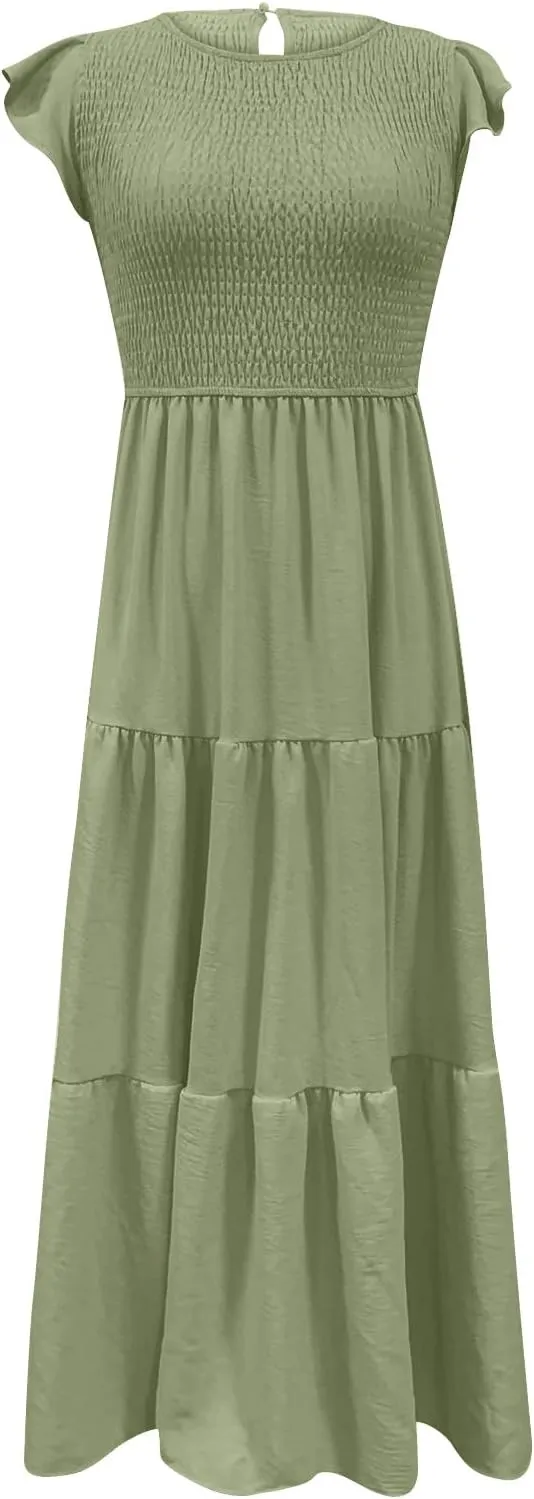 Womens Summer Flutter Short Sleeve Smocked Midi Dress Crewneck Aline Swing Flowy Tiered Maxi Dress Casual Elegant Dress