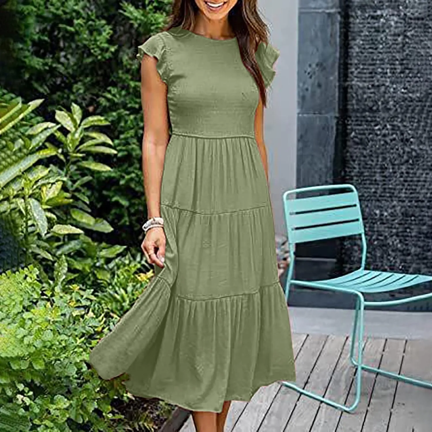 Womens Summer Flutter Short Sleeve Smocked Midi Dress Crewneck Aline Swing Flowy Tiered Maxi Dress Casual Elegant Dress