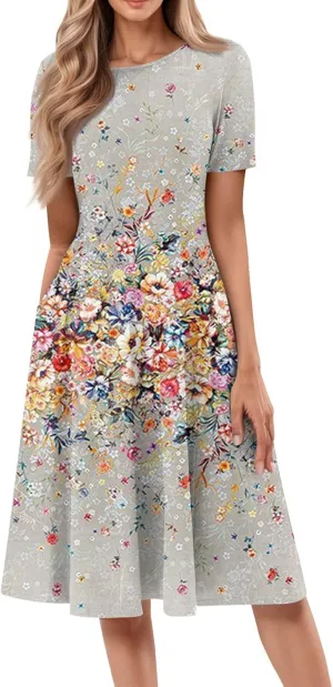 Womens Summer Short Sleeve Midi Dresses Casual Floral A-Line Dress Flowy Beach Vacation Sundress with Pocket