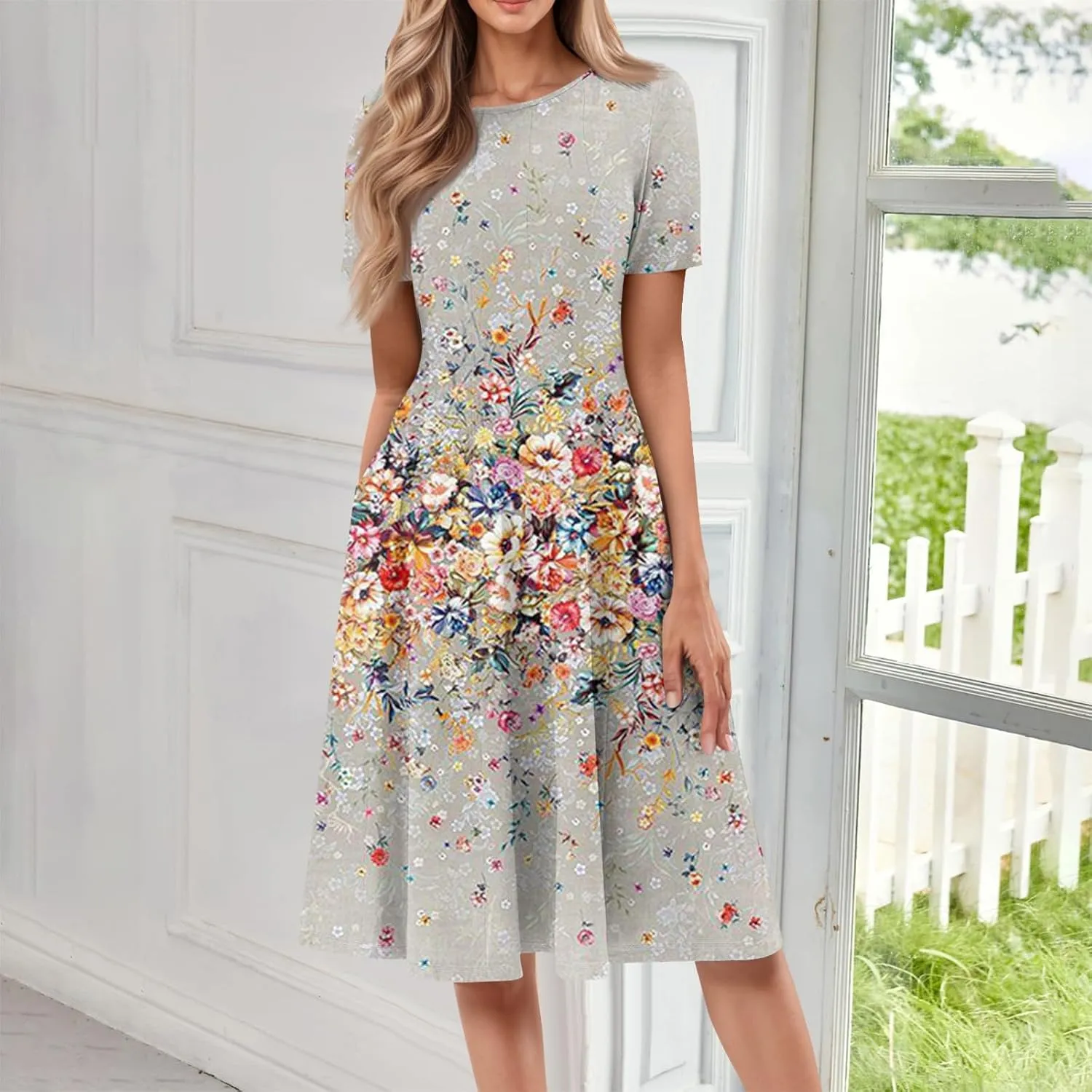 Womens Summer Short Sleeve Midi Dresses Casual Floral A-Line Dress Flowy Beach Vacation Sundress with Pocket