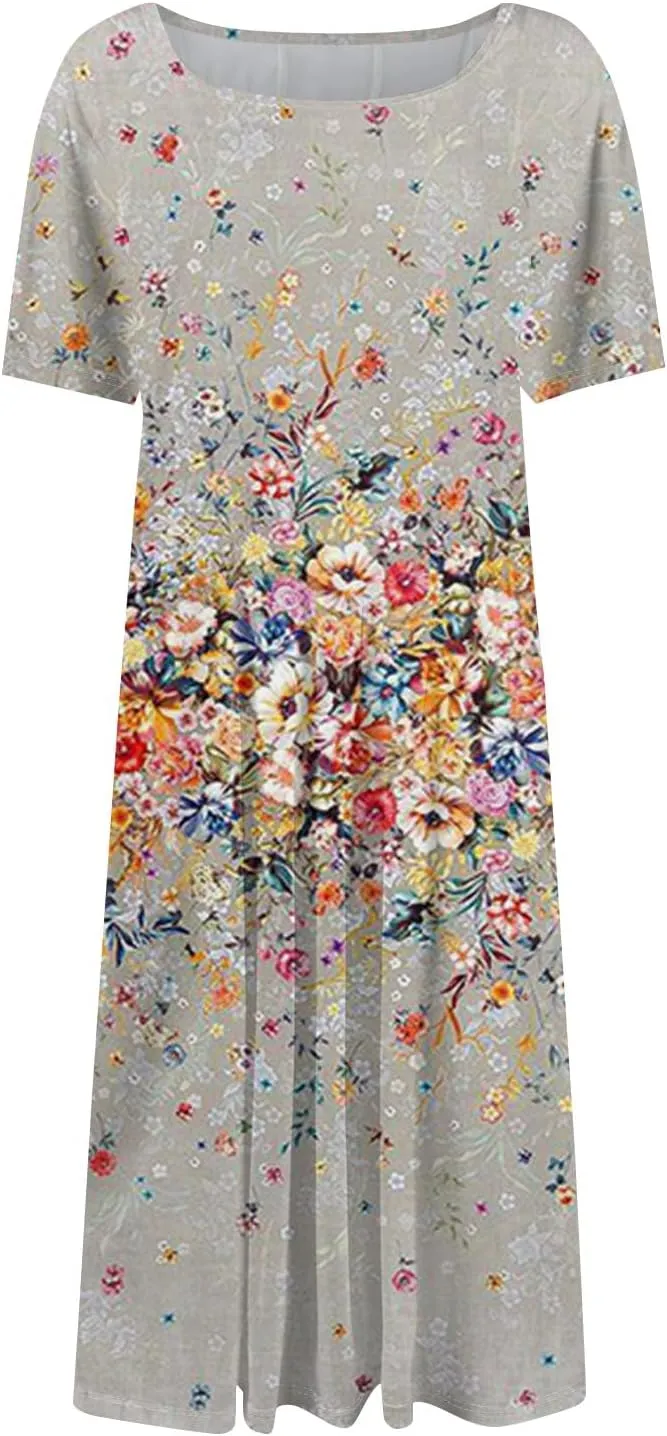 Womens Summer Short Sleeve Midi Dresses Casual Floral A-Line Dress Flowy Beach Vacation Sundress with Pocket