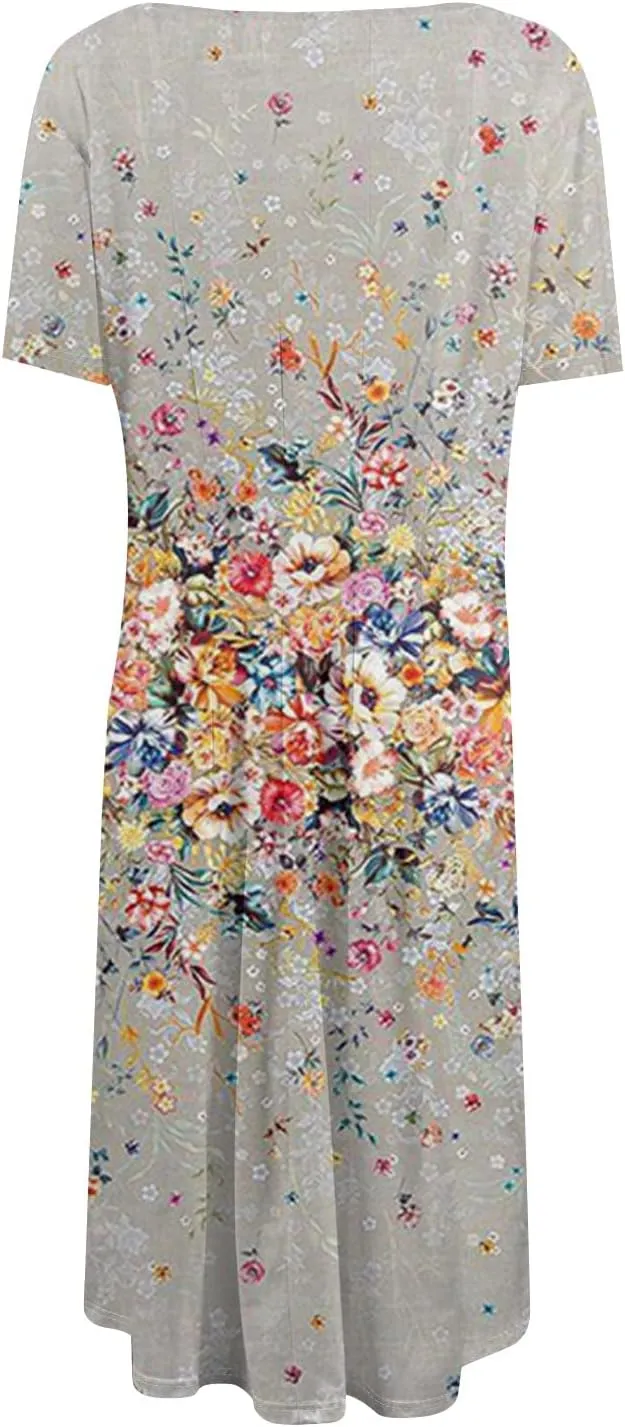 Womens Summer Short Sleeve Midi Dresses Casual Floral A-Line Dress Flowy Beach Vacation Sundress with Pocket