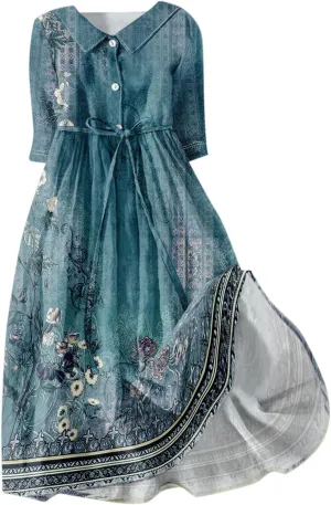 Women's Sundresses 2025 Summer Casual Loose Trendy 3/4 Sleeve Button Vintage Floral Printed Boho Dress Plus Size, S-3XL