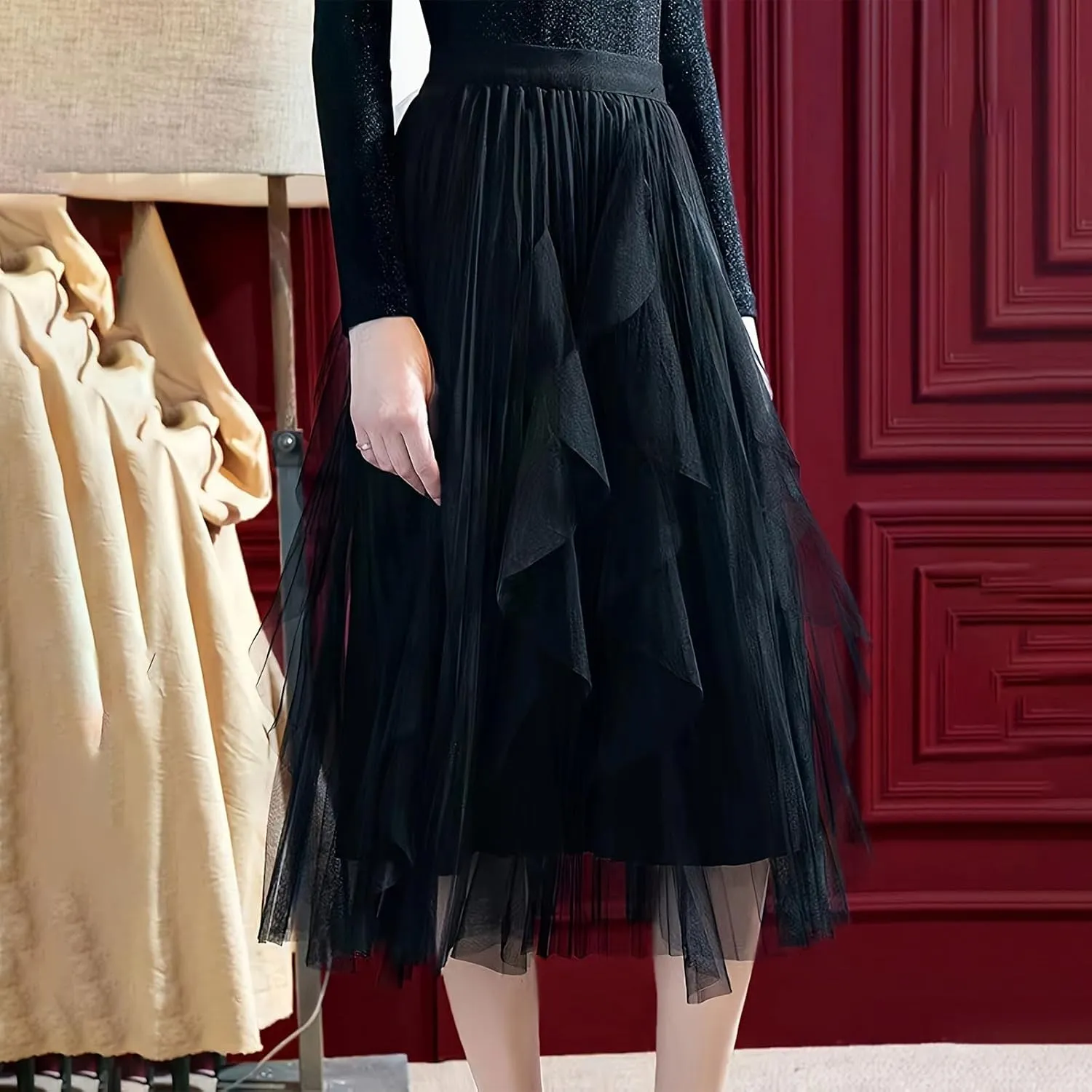 Women's Tulle Skirt High Low Asymmetrical A-Line Fairy Elastic High Waist Mesh Layered Pleated Long Midi Skirts
