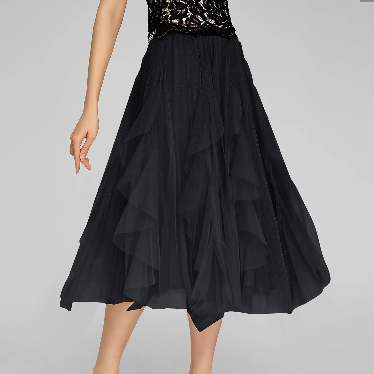 Women's Tulle Skirt High Low Asymmetrical A-Line Fairy Elastic High Waist Mesh Layered Pleated Long Midi Skirts