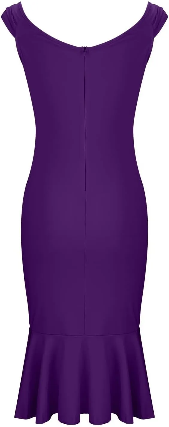 Womens V-Neck Midi Dress Solid Color Elegant Off Shoulder Blouson Dress Ruffle Sheath Dress Sexy Party Prom Dress