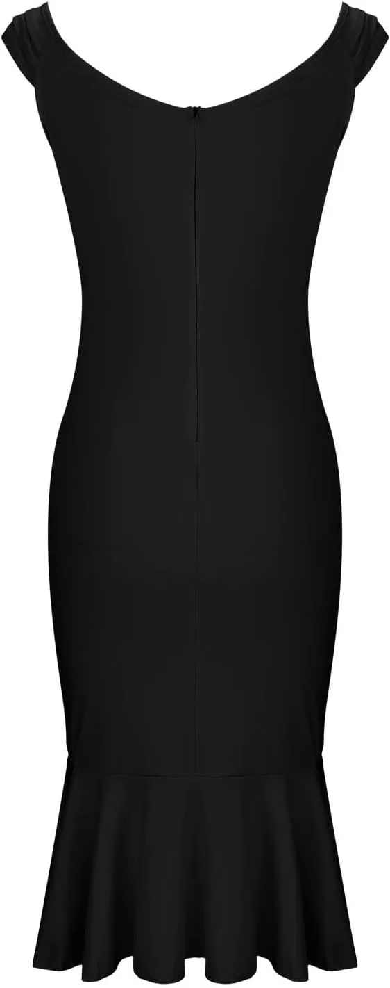 Womens V-Neck Midi Dress Solid Color Elegant Off Shoulder Blouson Dress Ruffle Sheath Dress Sexy Party Prom Dress