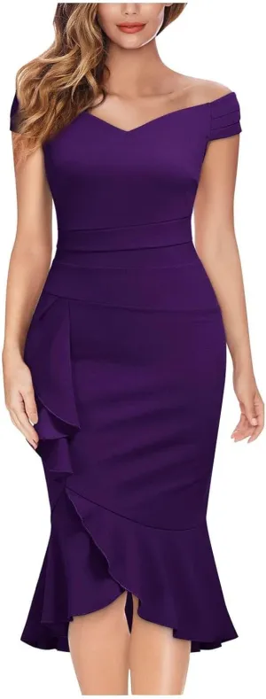 Womens V-Neck Midi Dress Solid Color Elegant Off Shoulder Blouson Dress Ruffle Sheath Dress Sexy Party Prom Dress