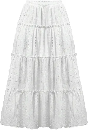 Women's Vintage Embroidery Eyelet Maxi Skirt High Elastic Waisted Tiered Pleated Solid A-Line Flowy Swing Long Skirts