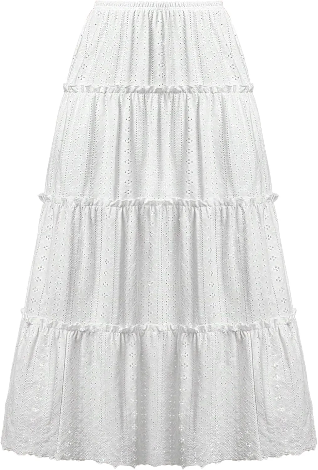 Women's Vintage Embroidery Eyelet Maxi Skirt High Elastic Waisted Tiered Pleated Solid A-Line Flowy Swing Long Skirts