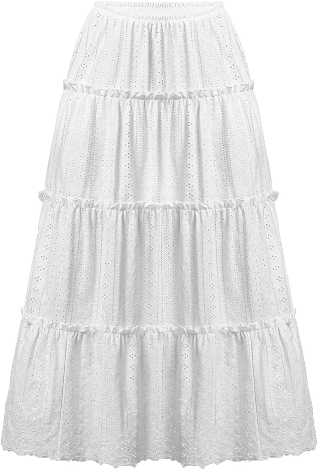 Women's Vintage Embroidery Eyelet Maxi Skirt High Elastic Waisted Tiered Pleated Solid A-Line Flowy Swing Long Skirts
