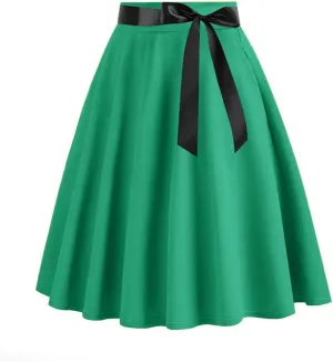 Women's Vintage Pleated High Waist Skirt Front Tie Cocktail Party Flare A-Line Solid Color Hepburn Swing Midi Skirts