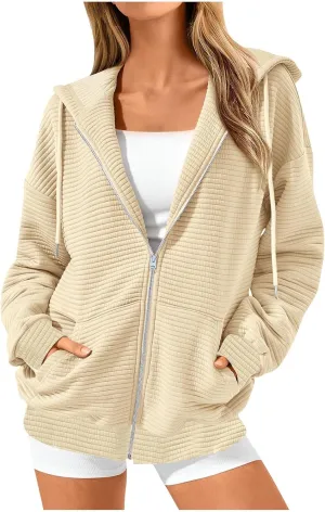 Womens Waffle Knit Hooded Jackets Full Zip Drawstring Hoodies Pullover Oversized Sweatshirt Trendy Fall Outfits
