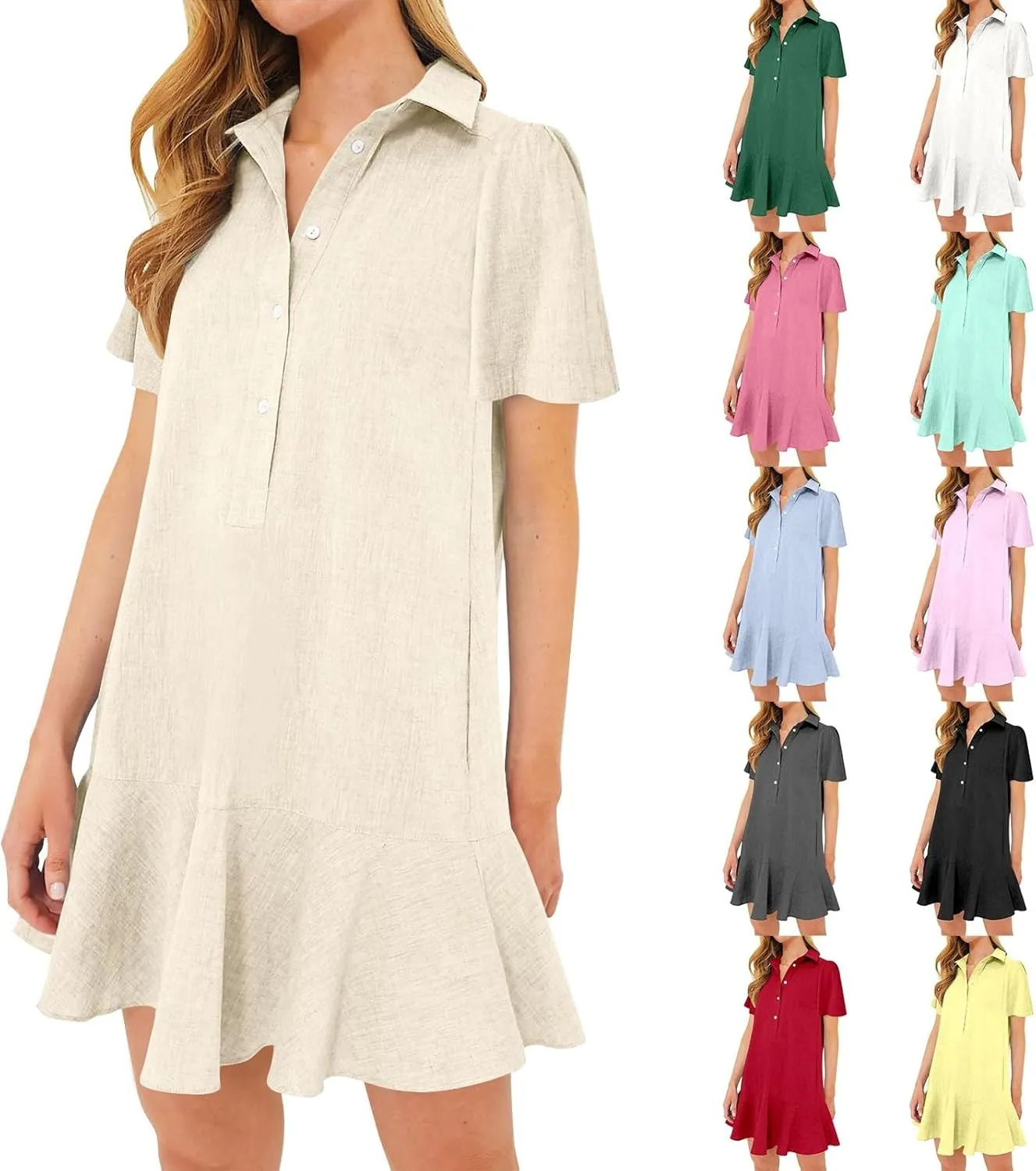 Work Dresses for Women 2025 Button Down Shirt Dress Short Sleeve Cotton Linen Ruffle Shift Mini Dresses