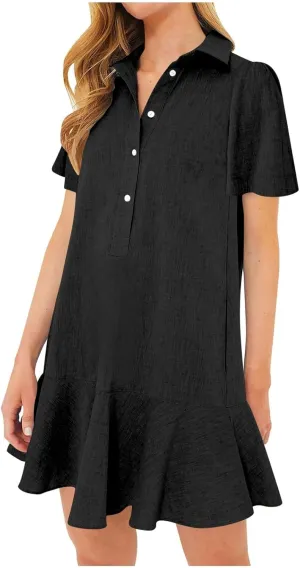 Work Dresses for Women 2025 Button Down Shirt Dress Short Sleeve Cotton Linen Ruffle Shift Mini Dresses