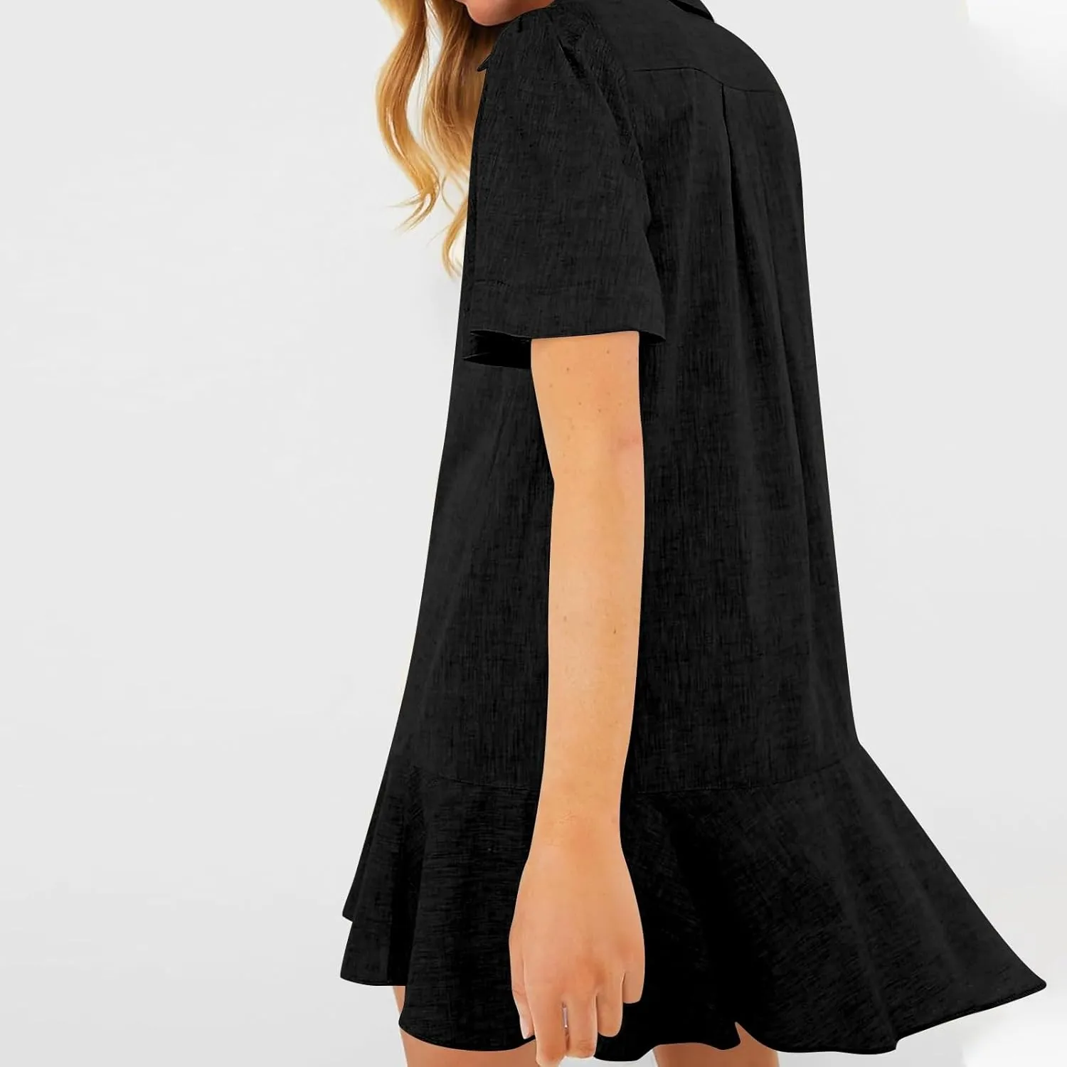 Work Dresses for Women 2025 Button Down Shirt Dress Short Sleeve Cotton Linen Ruffle Shift Mini Dresses