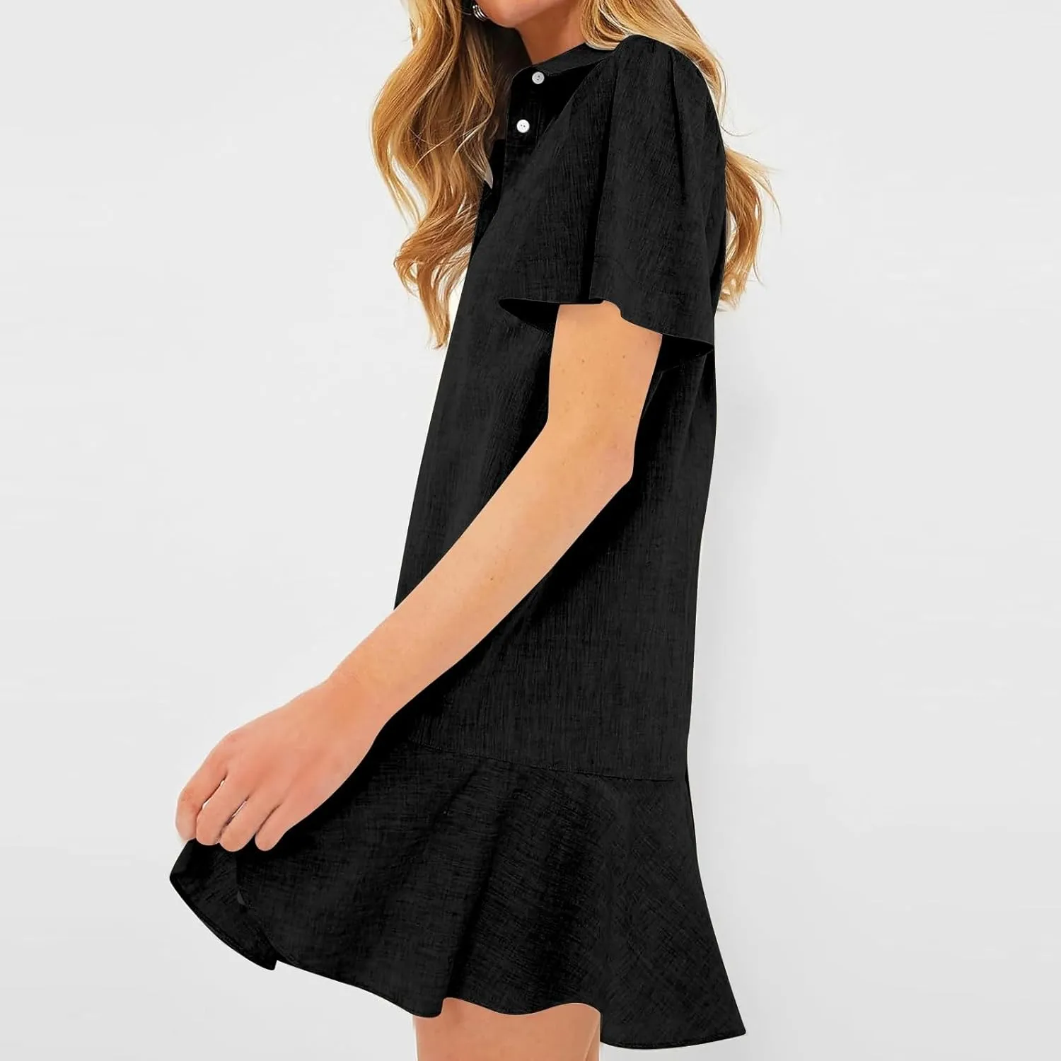 Work Dresses for Women 2025 Button Down Shirt Dress Short Sleeve Cotton Linen Ruffle Shift Mini Dresses